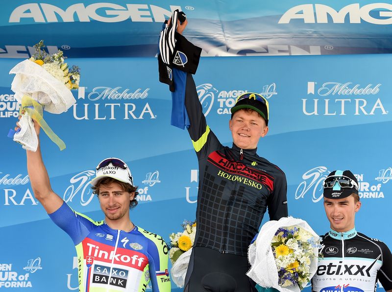 The top three from the stage; Peter Sagan, Tom Skujins and Julian Alaphilippe in San Jose