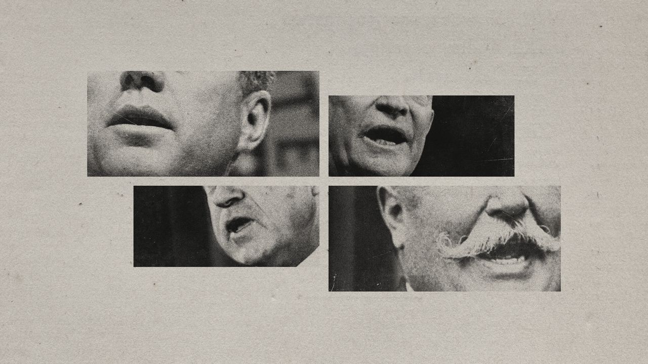 Photo collage of close-ups of mouths of Robert F Kennedy, Dwight D Eisenhower, Richard Nixon, and William Howard Taft.