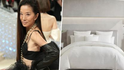 A split-screen image of Vera Wang at the Met Gala in 2023 and the Vera Wang Abstract Rose Duvet Cover Set