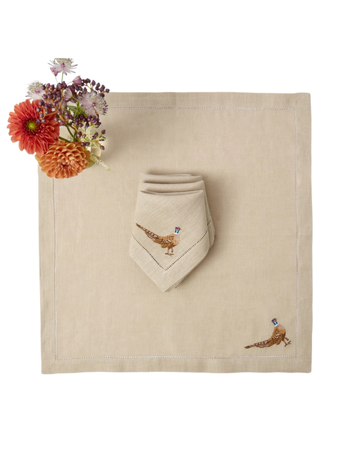 Pheasant Embroidered Taupe Linen Napkins (set of 4)