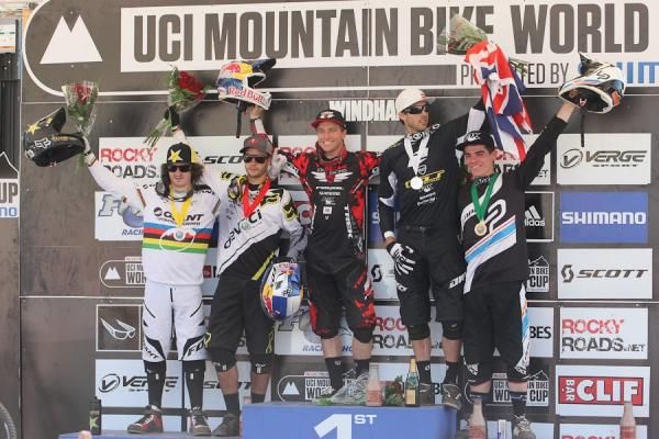 Elite men's Windham World Cup downhill podium: Danny Hart, Steve Smith, Aaron Gwin, Gee Atherton, Loic Bruni.
