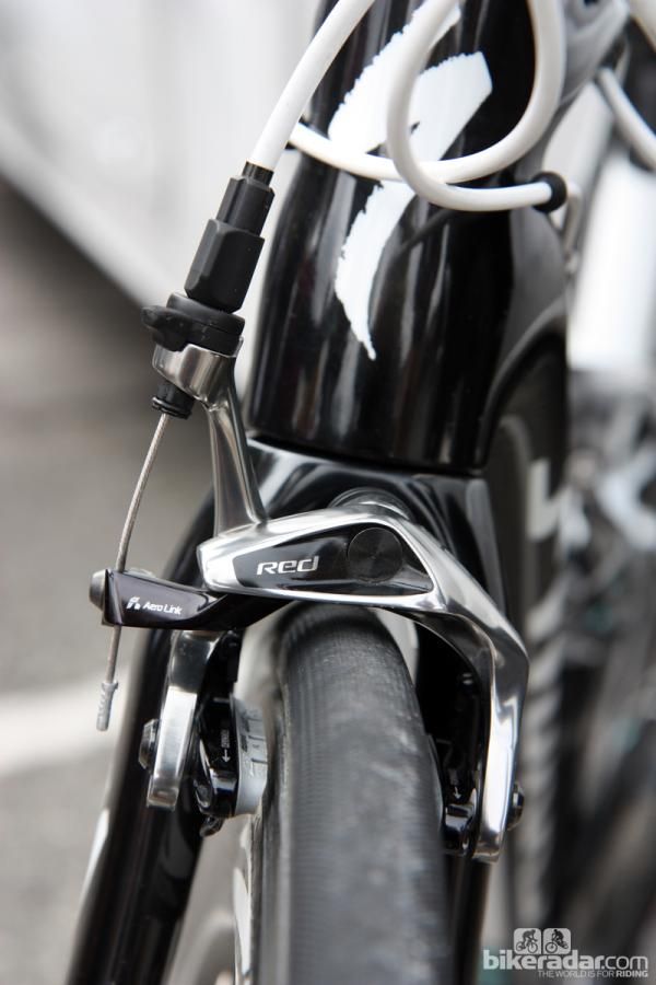 Check out the wear pattern on Levi Leipheimer's (Omega Pharma-QuickStep) SRAM Red brakes.