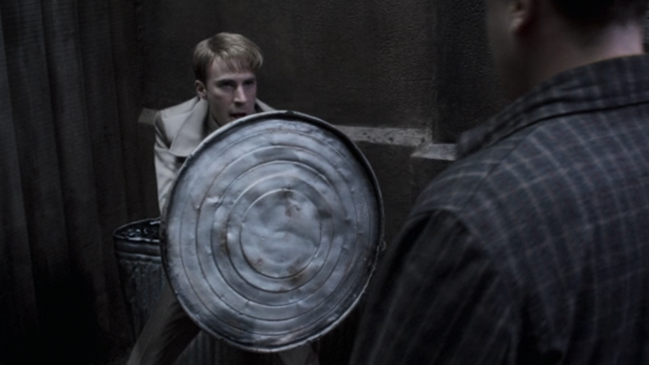 Steve Rogers with a trash can shield