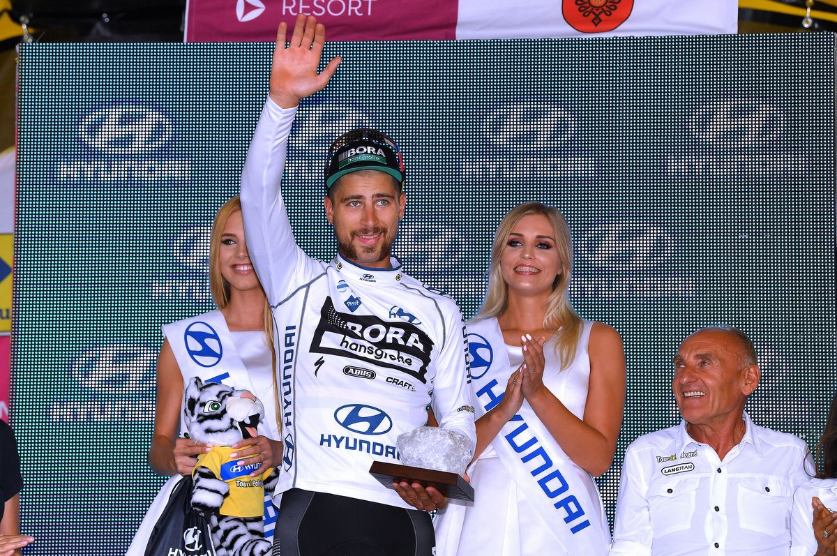 Peter Sagan enjoying his moment on the podium as the points classification winner