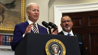 President Biden, joined by Education Secretary Miguel Cardona, delivers remarks at the White House