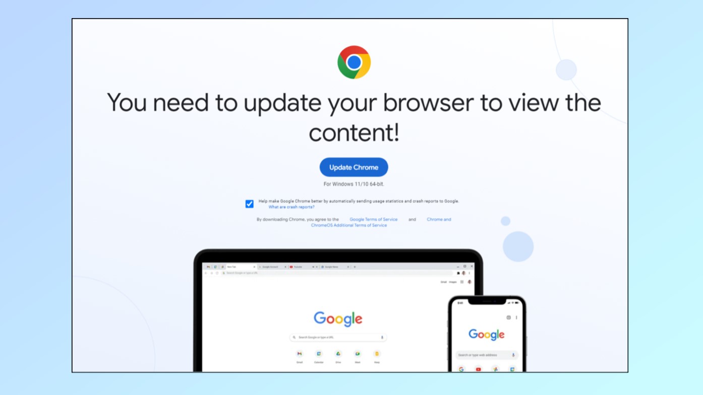 An example of a website displaying a fake Chrome update
