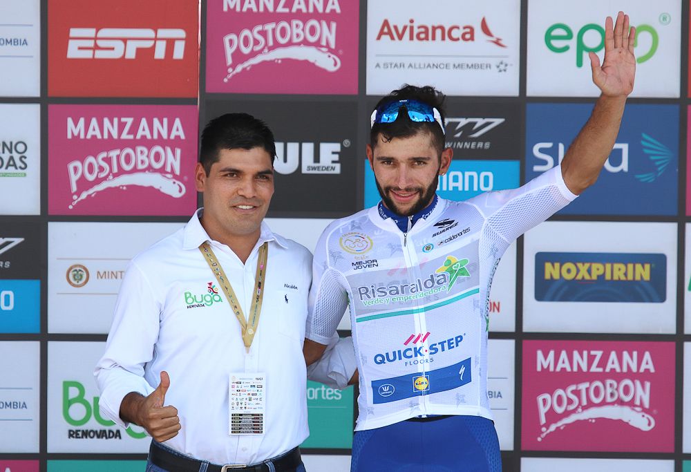 Fernando Gaviria (Quick-Step Floors) on the stage 3 podium at Colombia Oro y Paz