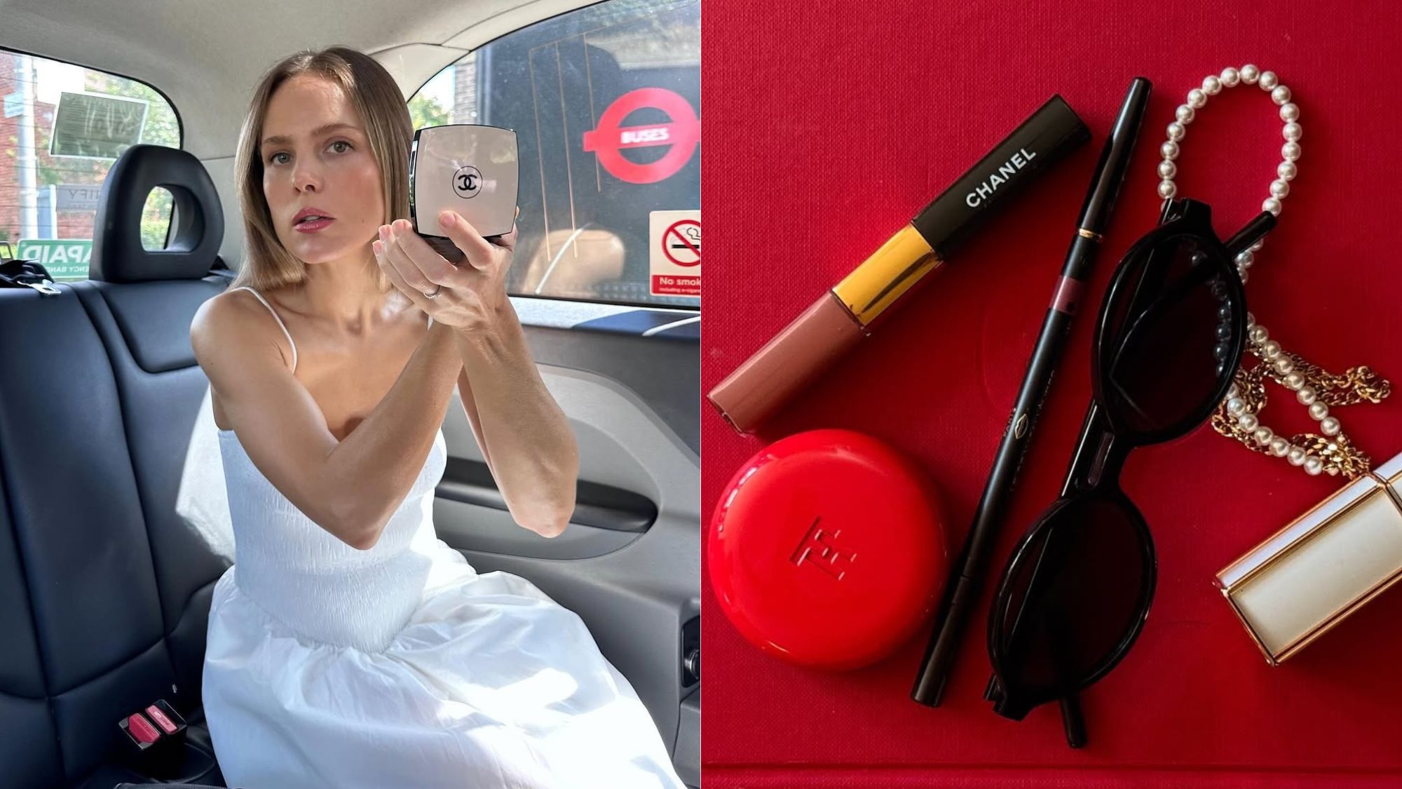 Split image of woman applying makeup in car and beauty products on a red backdrop.