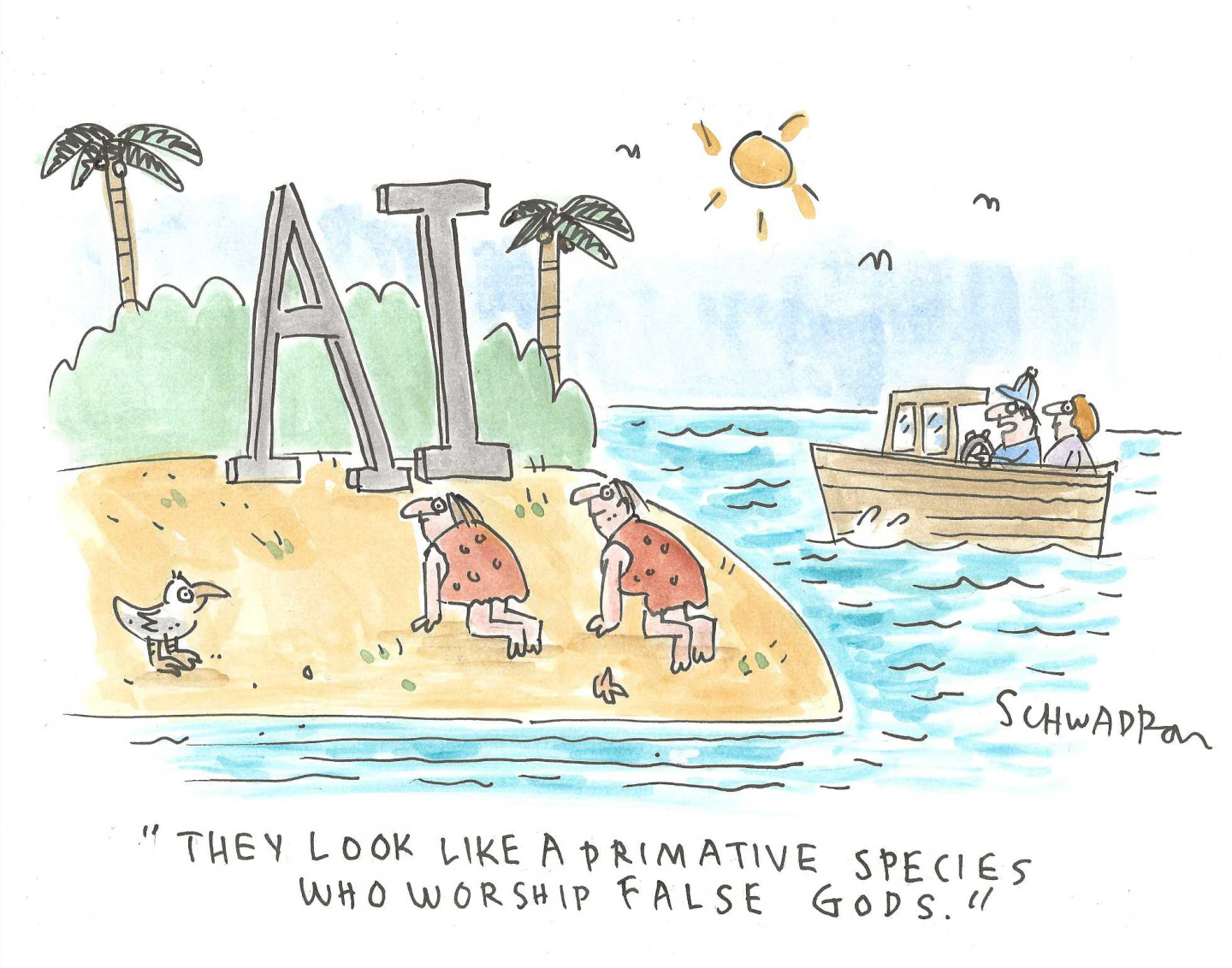 A man and a woman dressed like cavemen are on the beach of a deserted island. They bow to two large letters &amp;ldquo;AI&amp;rdquo;. A man and a woman pass by on a boat watching the scene and the man says, "They look like a primitive species who worship false gods.&amp;rdquo;