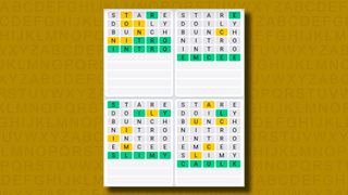 Quordle Daily Sequence answers for game 923 on a yellow background