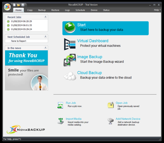 The NovaBACKUP home dashboard