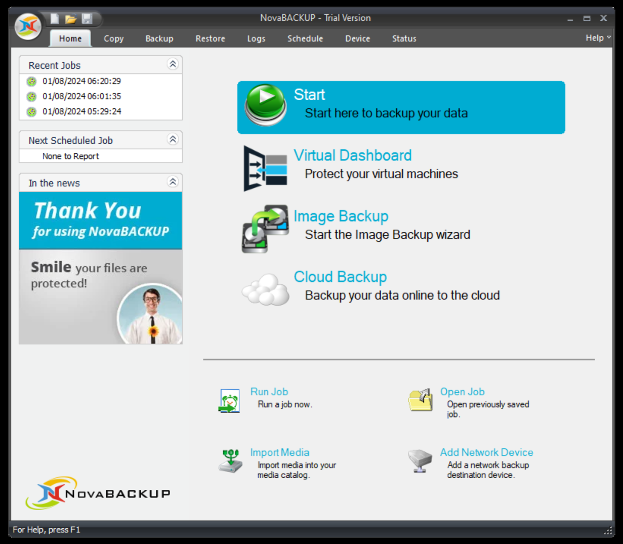 The NovaBACKUP home dashboard