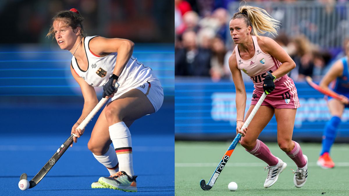 Composite image of Germany and Argentina hockey players at FIH Women&#039;s Hockey World Cup 2022