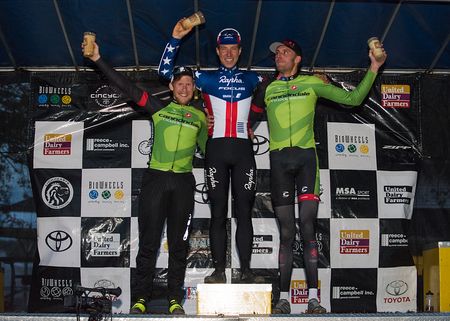 Top three men's podium: 1st Jermey Powers (Rapha Focus), 2nd Ryan Trebon (Cannondale pb Cyclocrossworld), 3rd Stephan Hyde (Cannondale pb Cyclocrossworld).
