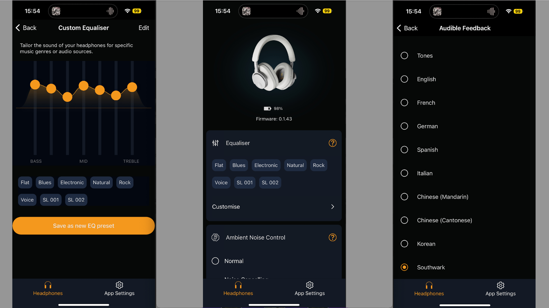 Cambridge Audio Melomania P100's companion app, three screen grabs