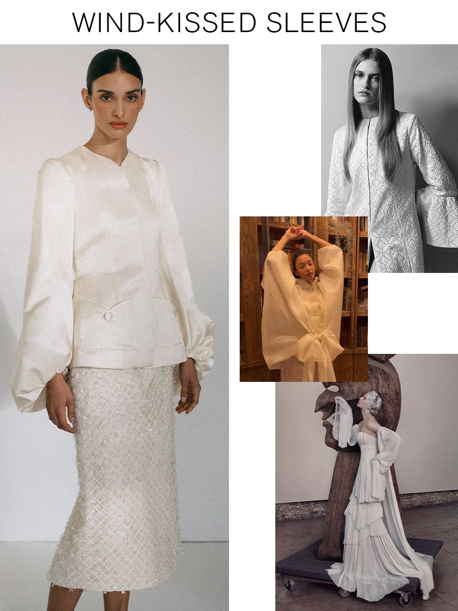 A collage of bridal looks with wind-kissed sleeves