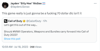 A tweet that reads: "This game really is just gonna be a fucking 70 dollar dlc isn't it"