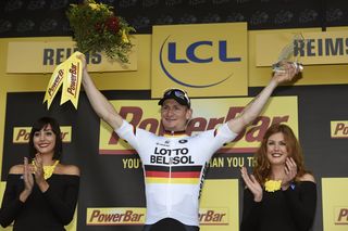 Andre Greipel on the podium after winning Stage 6 of the 2014 Tour de France