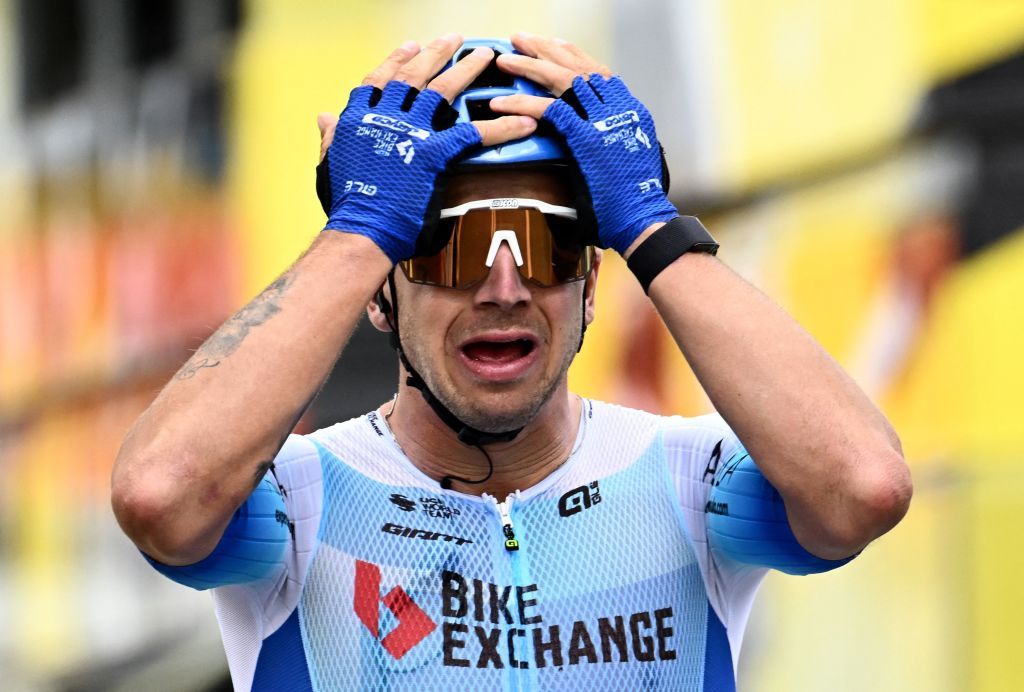 Team BikeexchangeJayco teams Dutch rider Dylan Groenewegen celebrates as he crosses the finish line to win the 3rd stage of the 109th edition of the Tour de France cycling race 182 km between Vejle and Sonderborg in Denmark on July 3 2022 Photo by Marco BERTORELLO AFP Photo by MARCO BERTORELLOAFP via Getty Images