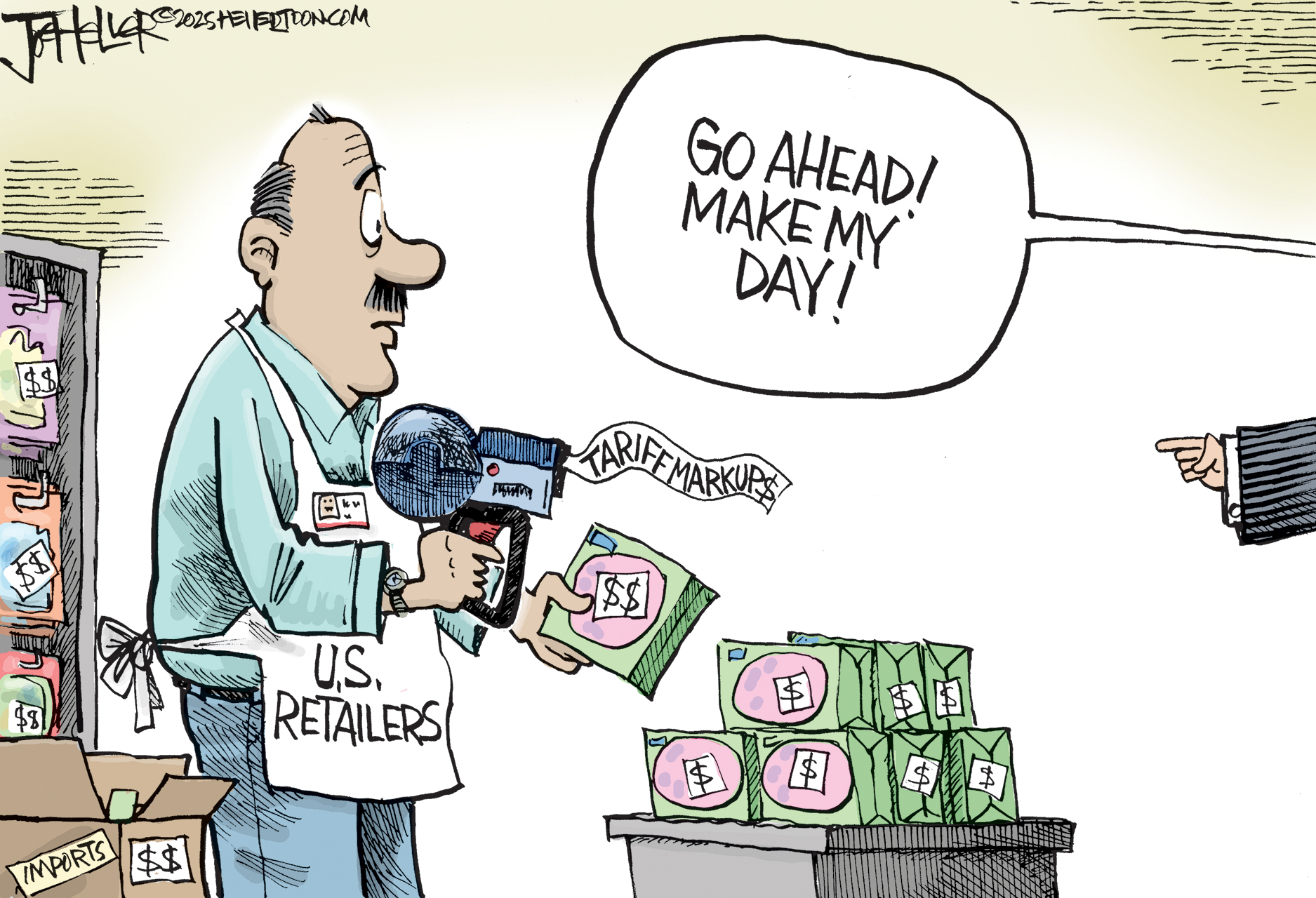 A male U.S. Retailer with a mustache wears an apron and holds a pricing gun labeled "TARIFF MARKUPS." He is about to place price tags on packages that have been imported. To the right, a tiny hand, presumably Donald Trump's, points at him from off-panel, with a speech bubble saying, "GO AHEAD! MAKE MY DAY!"