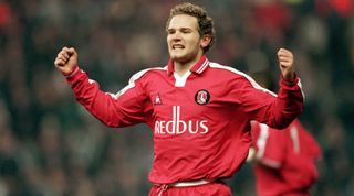 30 Dec 2000: Jonatan Johansson of Charlton Athletic celebrates his second goal during the FA Carling Premiership match against Manchester City played at Maine Road, in Manchester, England. Charlton Athletic won the match 4-1.