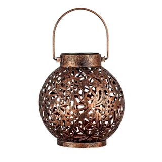 A round dark bronze patterned lantern with a curved handle on top