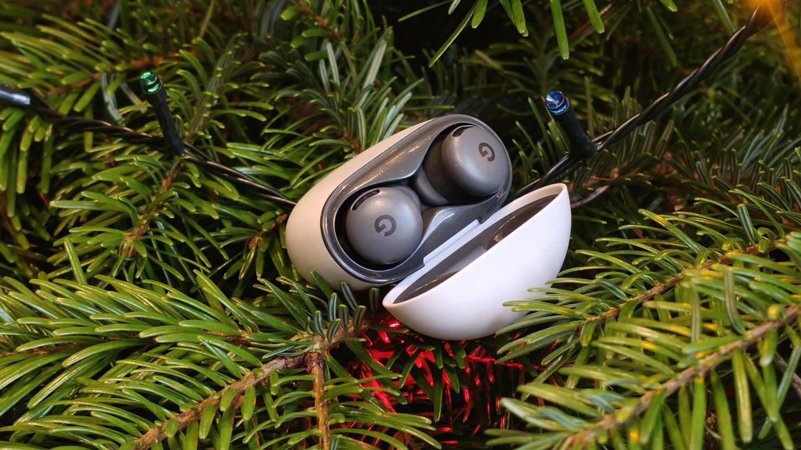 The Google Pixel Buds 2a buds in the case.