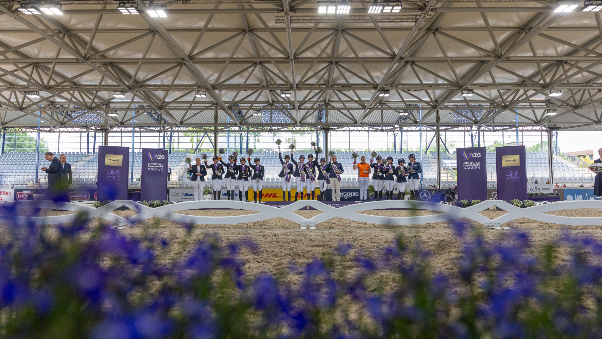 The podium after the team competition at the 2026 World Para Dressage Championships in Aachen.