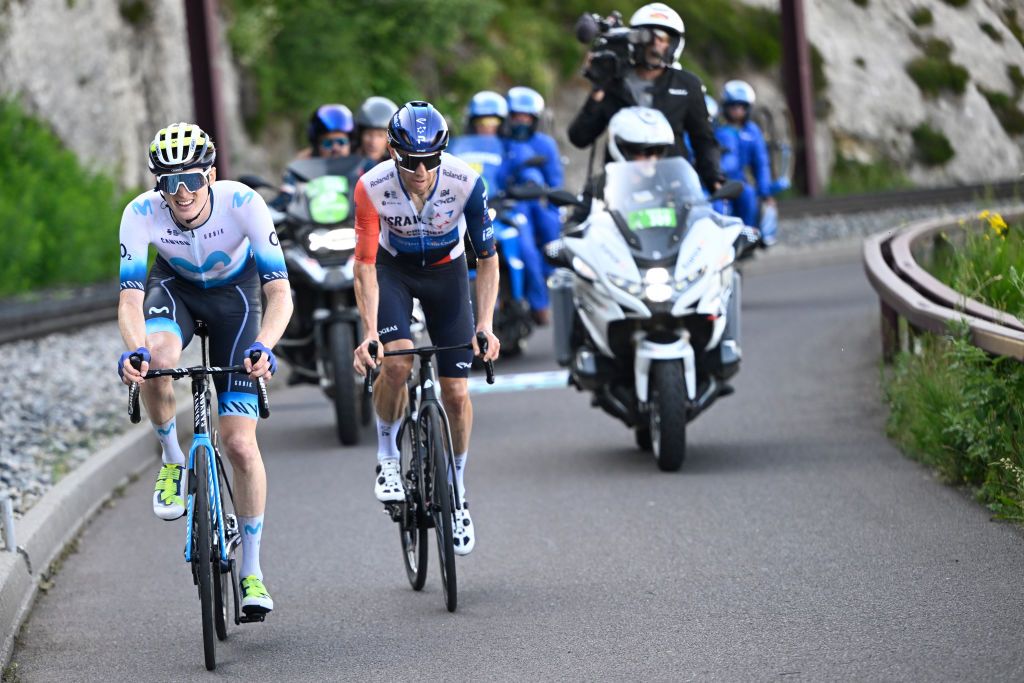PUY DE DME FRANCE JULY 09 LR Matteo Jorgenson of The United States and Movistar Team and Michael Woods of Canada and Team IsraelPremier Tech compete in the breakaway during the stage nine of the 110th Tour de France 2023 a 1824km stage from SaintLonarddeNoblat to Puy de Dme 1412m UCIWT on July 09 2023 in Puy de Dme France Photo by Vincent Kalut PoolGetty Images