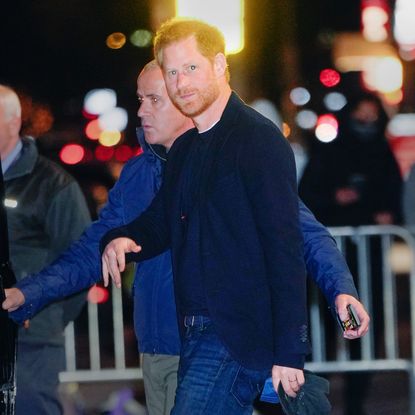 Prince Harry, Duke of Sussex is seen leaving "The Late Show With Stephen Colbert" on January 09, 2023 in New York City