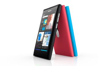 Smart phones of black, red and blue colors.