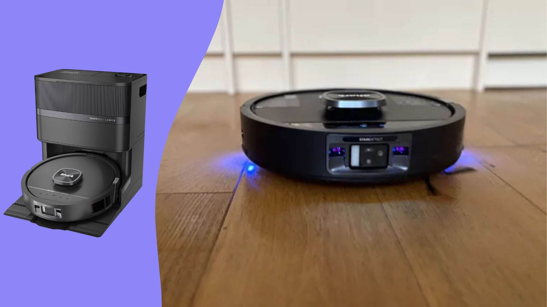Shark PowerDetect UV Reveal 2-in-1 Robot Vacuum &amp; Mop on a purple background next to an image of the vacuum on a hard wood floor
