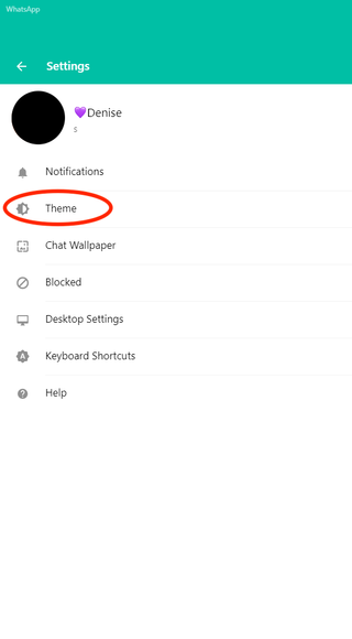 Screenshot of WhatsApp theme option on desktop