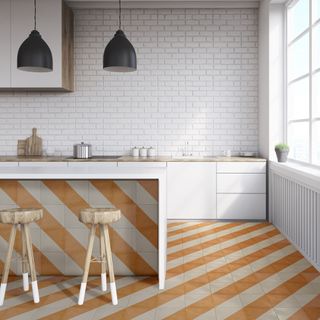 kitchen room with yellow and white floor tiles