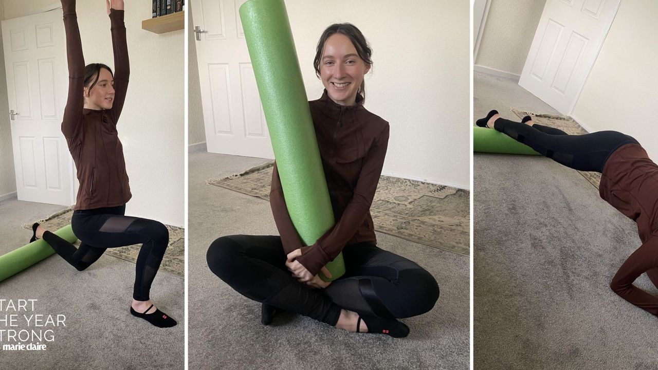 Katie Sims trying at home Reformer Pilates with a foam roller