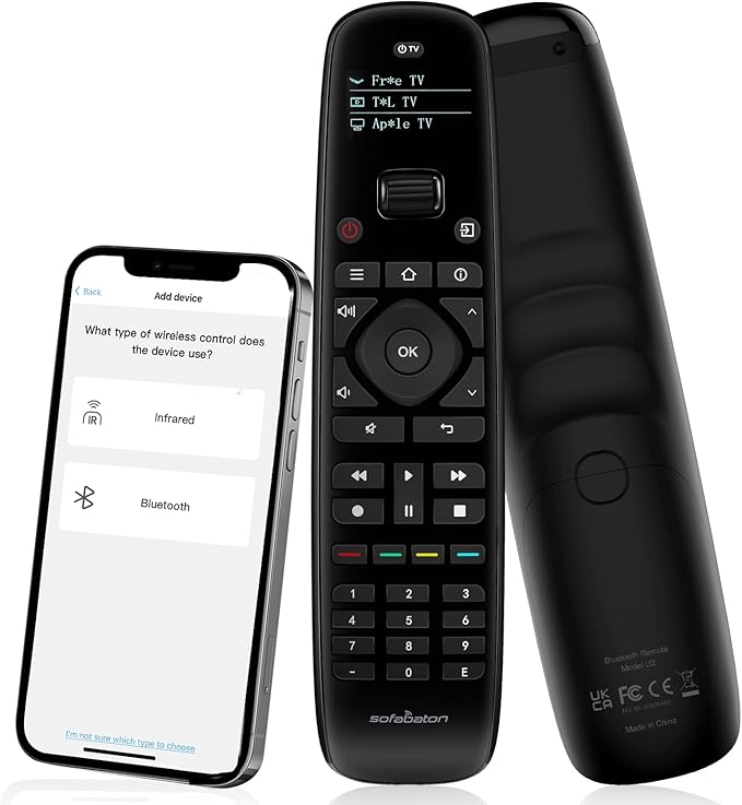 A photo of the Sofabaton U2 Universal Remote with the matching app on a phone. 