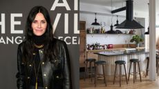 a picture of courtney cox and a picture of a kitchen with dark countertops and a light colored island