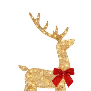 A gold sparkly deer Christmas decoration with a red bow hanging from it