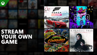 Stream Your Own Game&rdquo; alongside box art for Forza Horizon 6, Katana ZERO, TMNT Cowabunga Collection, and A Plague Tale: Innocence.