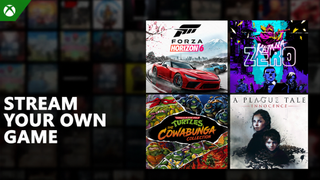 Stream Your Own Game&rdquo; alongside box art for Forza Horizon 6, Katana ZERO, TMNT Cowabunga Collection, and A Plague Tale: Innocence.