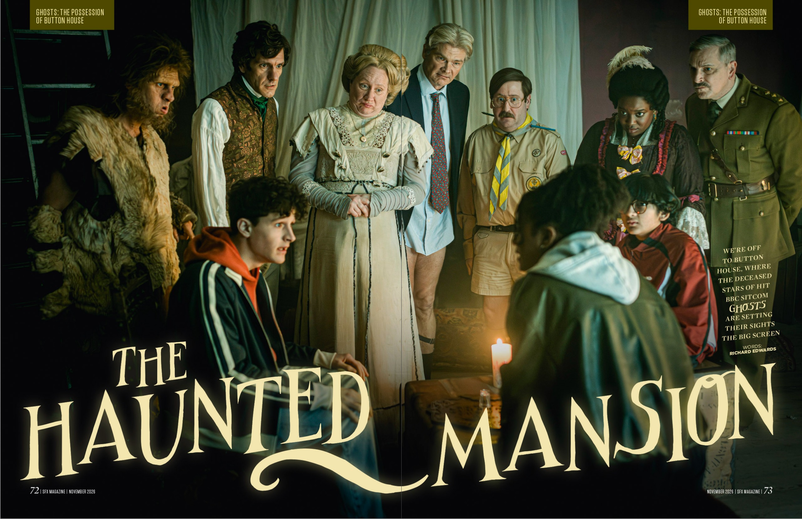 All seven of the ghosts, standing around three teenagers.