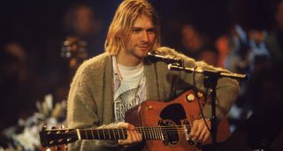 Kurt Cobain with his Martin D-28 in a still from Nirvana MTV Unplugged.