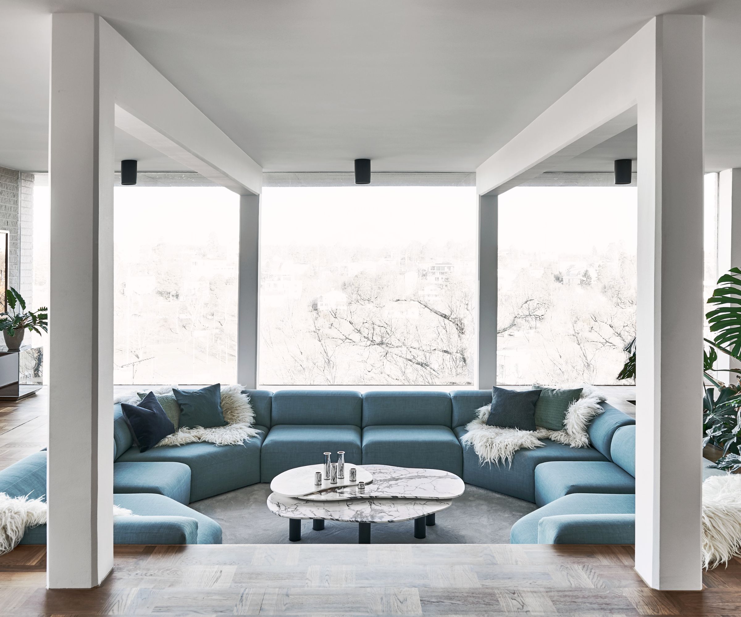 living room conversation pit blue sectional