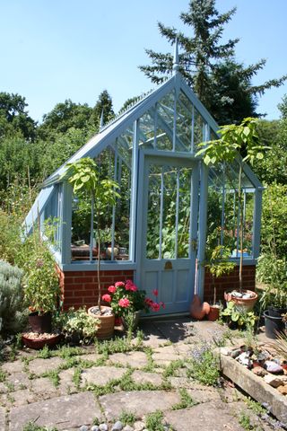 blue painted traditional greenhouse