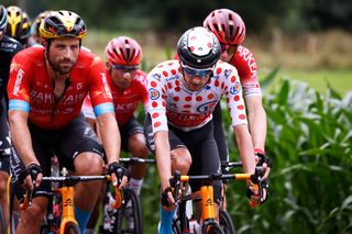 LUZ ARDIDEN FRANCE JULY 15 Marco Haller of Austria Wout Poels of The Netherlands and Team Bahrain Victorious Polka Dot Mountain Jersey during the 108th Tour de France 2021 Stage 18 a 1297km stage from Pau to Luz Ardiden 1715m LeTour TDF2021 on July 15 2021 in Luz Ardiden France Photo by Chris GraythenGetty Images