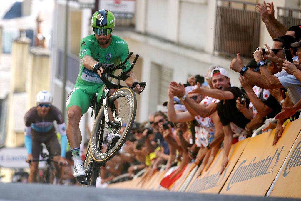 Peter Sagan pops a wheelie during the stage 13 time trial at the 2019 Tour de France in Pau