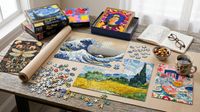lots of arty puzzles on a table