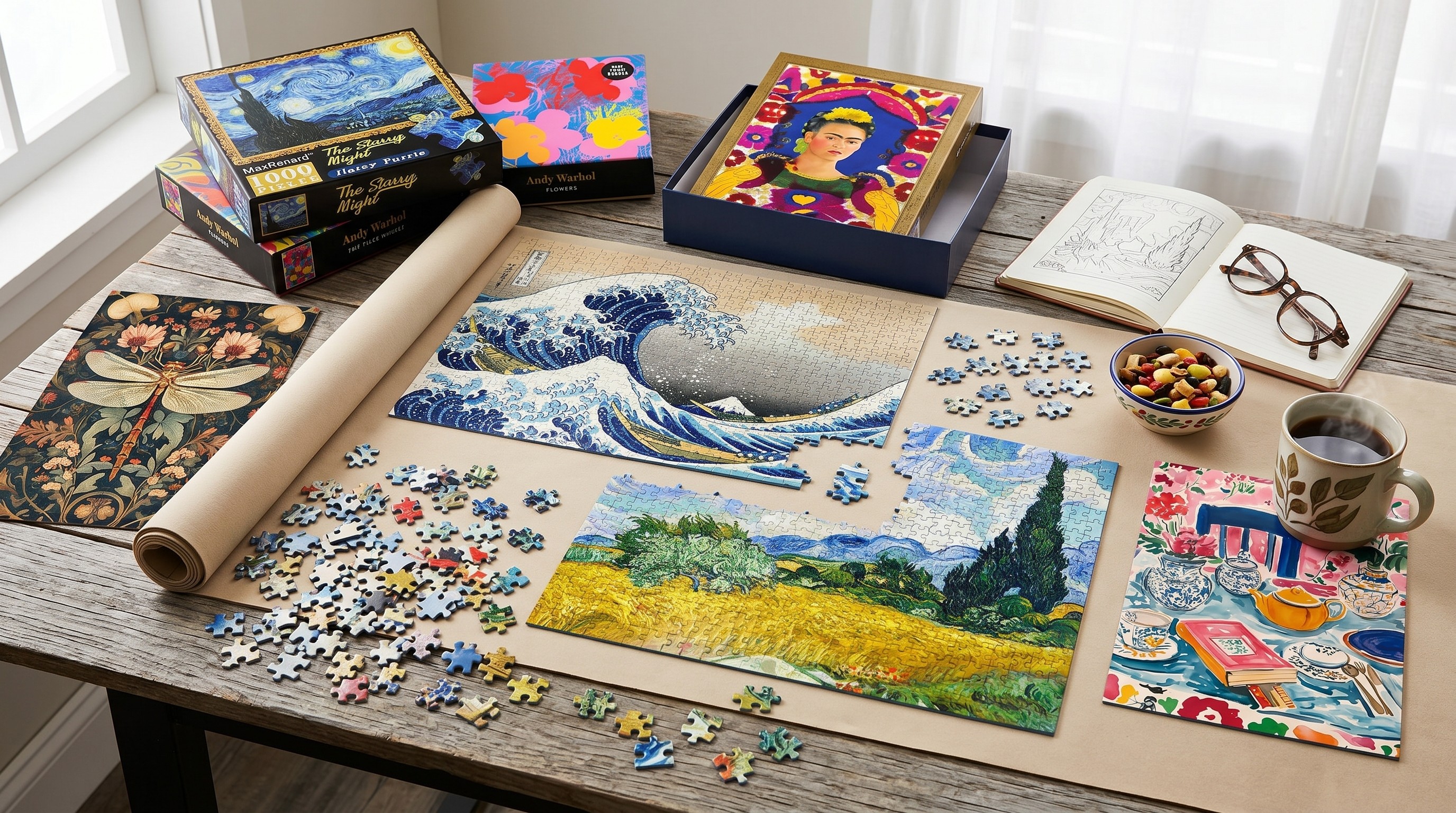 lots of arty puzzles on a table