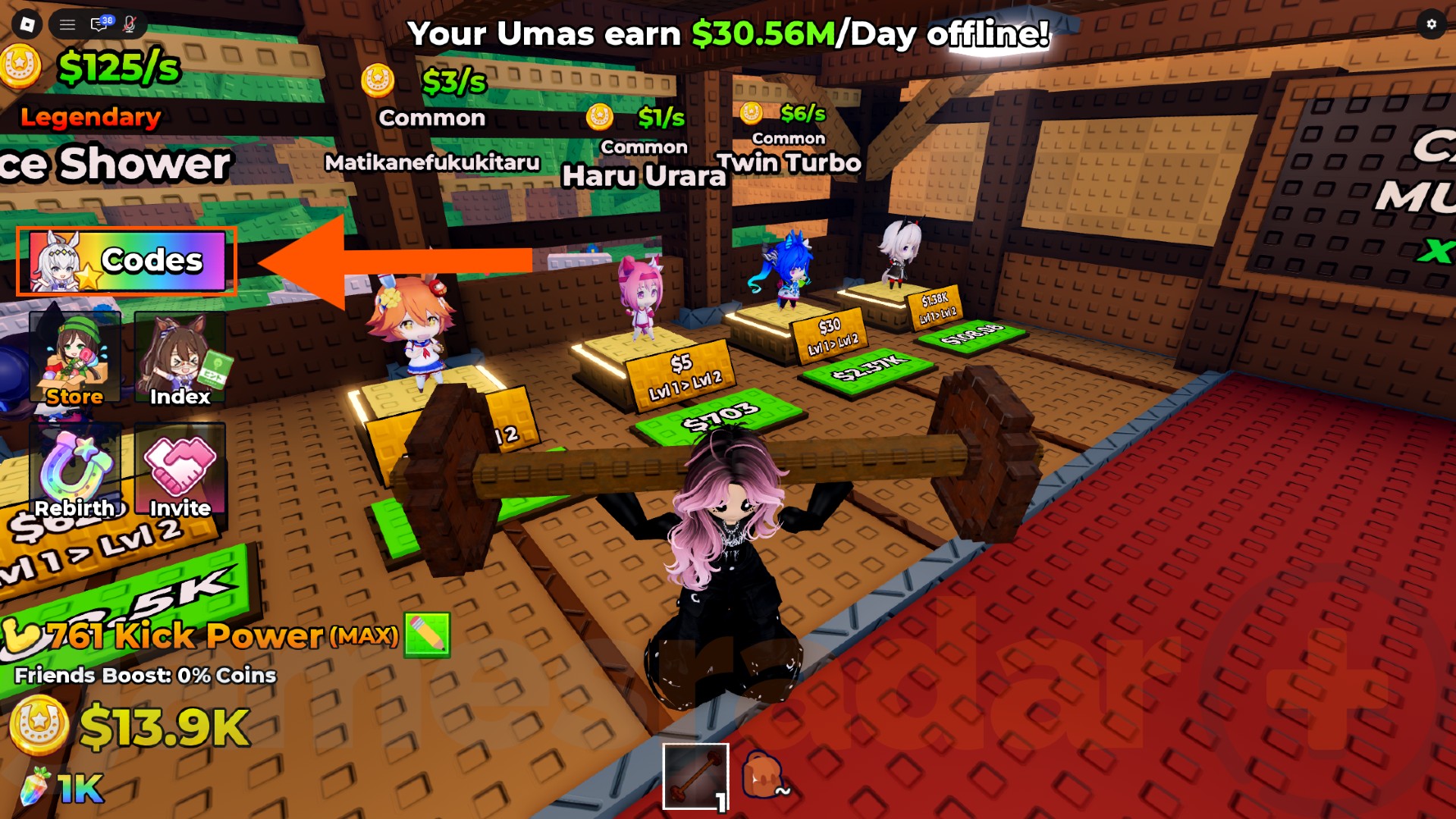 An orange arrow points to the Kick an Uma Codes redemption button