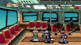 A screenshot of Scott Pilgrim vs The World: The Game, showing Scott attacking enemies in a subway car